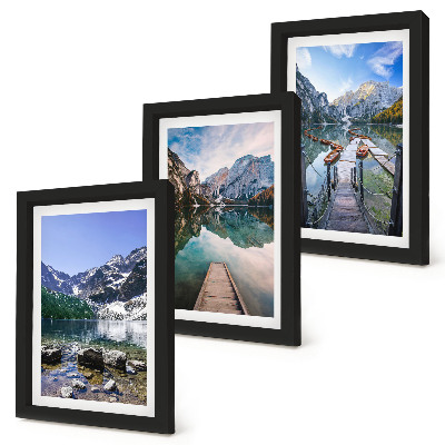 Trittico incorniciato Montagne, laghi e ponti di legno sull'acqua