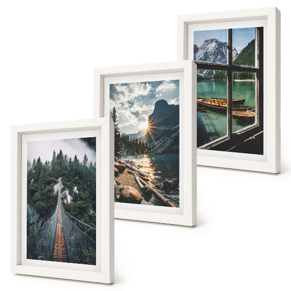 Composizione di 3 quadri Ponte nel lago nella foresta con barche e vista sulle montagne