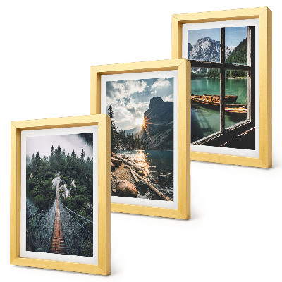 Composizione di 3 quadri Ponte nel lago nella foresta con barche e vista sulle montagne