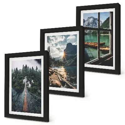 Composizione di 3 quadri con ponte sul lago nella foresta, barche e vista sulle montagne