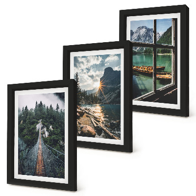 Composizione di 3 quadri Ponte nel lago nella foresta con barche e vista sulle montagne