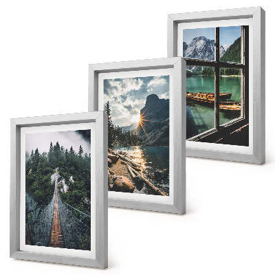 Composizione di 3 quadri Ponte nel lago nella foresta con barche e vista sulle montagne