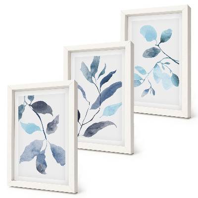 Trittico incorniciato Foglie blu su sfondo chiaro, stile acquerello