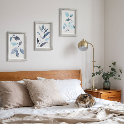 Trittico incorniciato Foglie blu su sfondo chiaro, stile acquerello