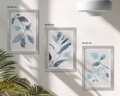 Trittico incorniciato Foglie blu su sfondo chiaro, stile acquerello