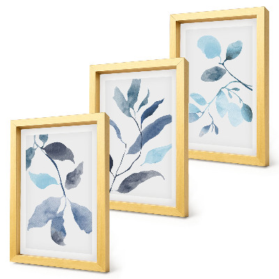 Trittico incorniciato Foglie blu su sfondo chiaro, stile acquerello