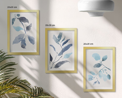 Trittico incorniciato Foglie blu su sfondo chiaro, stile acquerello