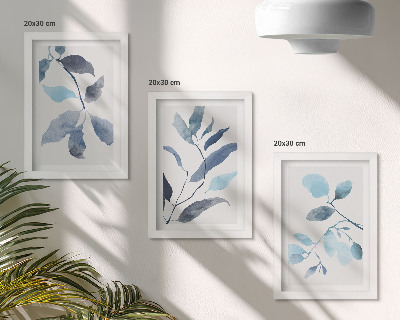Trittico incorniciato Foglie blu su sfondo chiaro, stile acquerello