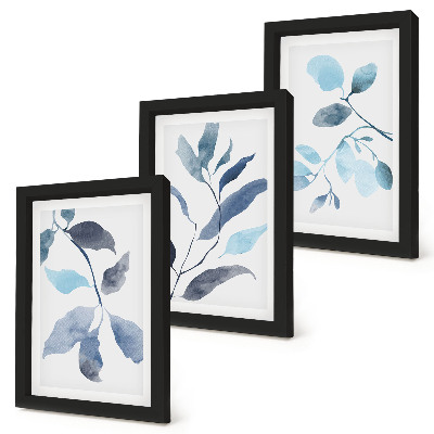 Trittico incorniciato Foglie blu su sfondo chiaro, stile acquerello