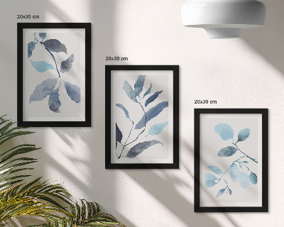 Trittico incorniciato Foglie blu su sfondo chiaro, stile acquerello