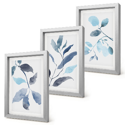 Trittico incorniciato Foglie blu su sfondo chiaro, stile acquerello