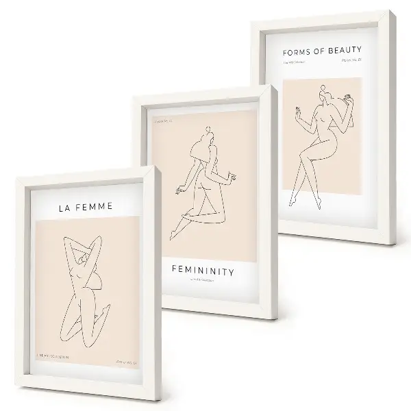 Composizione di 3 quadri con sagome lineari di donne in stile minimalista