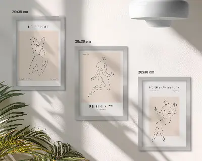 Composizione di 3 quadri con sagome lineari di donne in stile minimalista