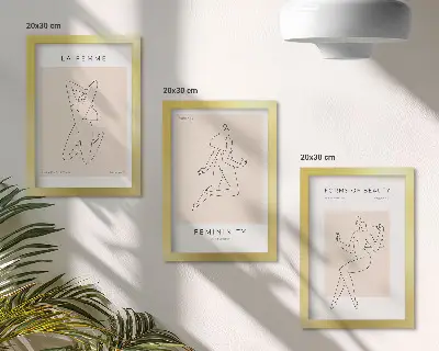 Composizione di 3 quadri con sagome lineari di donne in stile minimalista