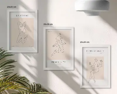 Composizione di 3 quadri con sagome lineari di donne in stile minimalista