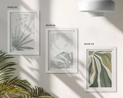 Trittico incorniciato foglie di pianta nelle tonalità del verde e del grigio