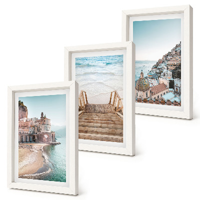 Trittico incorniciato Panorami estivi dai colori pastello con architettura marittima e spiaggia