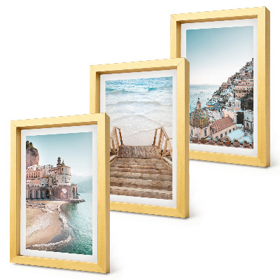 Trittico incorniciato Panorami estivi dai colori pastello con architettura marittima e spiaggia