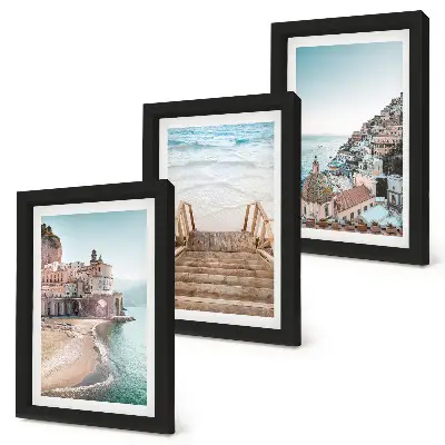 Trittico incorniciato con panorami estivi dai colori pastello, architettura marittima e spiaggia