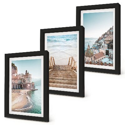 Trittico incorniciato Panorami estivi dai colori pastello con architettura marittima e spiaggia