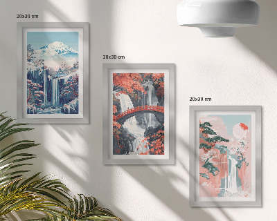 Trittico incorniciato Montagne con cascate, un ponte e alberi in fiore