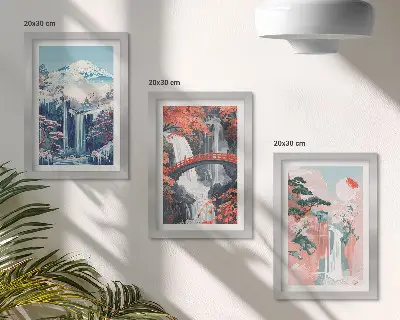 Trittico incorniciato raffigurante montagne con cascate, un ponte e alberi in fiore