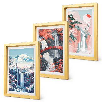 Trittico incorniciato Montagne con cascate, un ponte e alberi in fiore