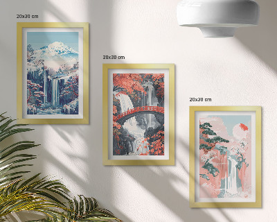 Trittico incorniciato Montagne con cascate, un ponte e alberi in fiore