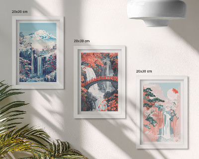 Trittico incorniciato Montagne con cascate, un ponte e alberi in fiore