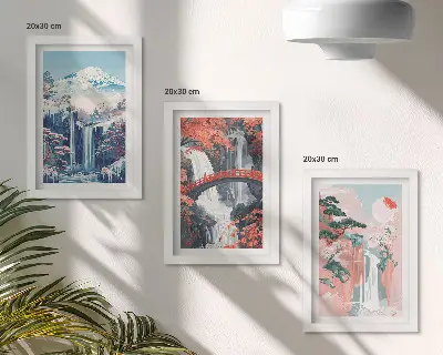 Trittico incorniciato raffigurante montagne con cascate, un ponte e alberi in fiore