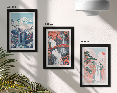 Trittico incorniciato Montagne con cascate, un ponte e alberi in fiore