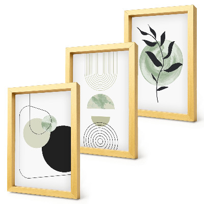 Trittico incorniciato Forme astratte e motivi vegetali in verde