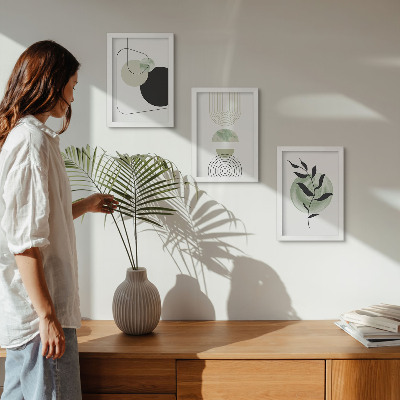 Trittico incorniciato Forme astratte e motivi vegetali in verde