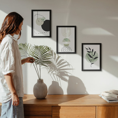 Trittico incorniciato Forme astratte e motivi vegetali in verde