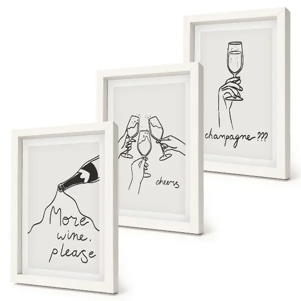 Momenti di gioia con vino e champagne illustrazione in stile line art con trittico incorniciato