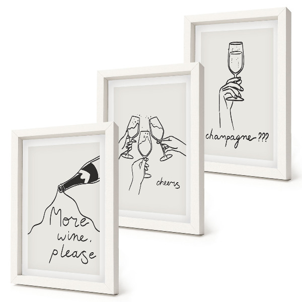 Trittico incorniciato Momenti di gioia con vino e champagne (illustrazione in stile line art)