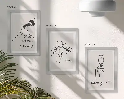 Momenti di gioia con vino e champagne illustrazione in stile line art con trittico incorniciato