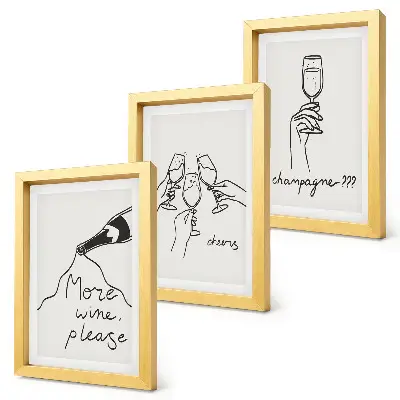 Momenti di gioia con vino e champagne illustrazione in stile line art con trittico incorniciato