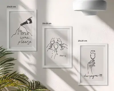 Momenti di gioia con vino e champagne illustrazione in stile line art con trittico incorniciato