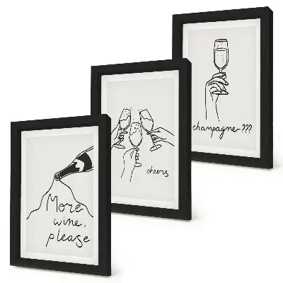 Momenti di gioia con vino e champagne illustrazione in stile line art con trittico incorniciato