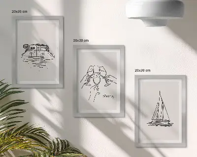 Composizione di 3 quadri con vista della casa sull'acqua, brindisi con calici e barca a vela