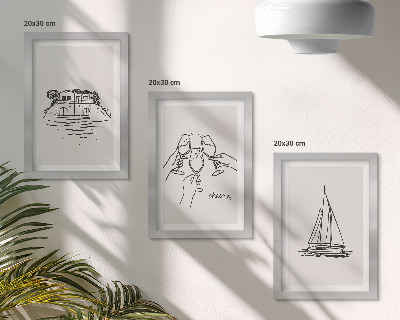 Composizione di 3 quadri Vista della casa sull'acqua, brindisi con i bicchieri, barca a vela