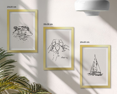Composizione di 3 quadri Vista della casa sull'acqua, brindisi con i bicchieri, barca a vela