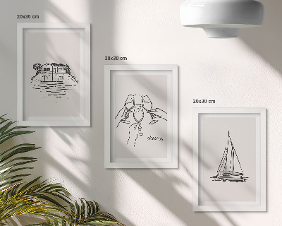 Composizione di 3 quadri Vista della casa sull'acqua, brindisi con i bicchieri, barca a vela