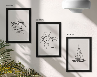 Composizione di 3 quadri Vista della casa sull'acqua, brindisi con i bicchieri, barca a vela