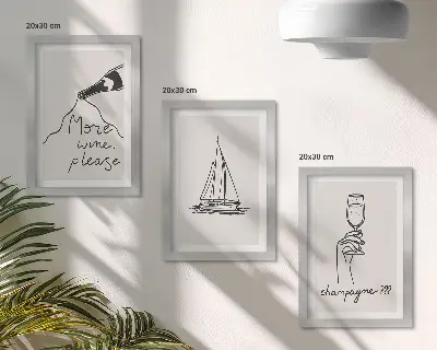 Trittico incorniciato con stampa di vino barca a vela e calice da champagne in stile lineare