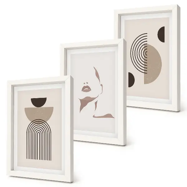 Composizione di 3 quadri con forme geometriche astratte e silhouette del viso