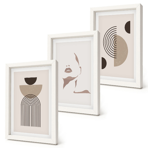 Composizione di 3 quadri Forme geometriche astratte e silhouette del viso