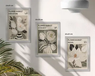 Composizione di 3 quadri con fiori in stile retrò dai mercati di Kingston, Chicago e Seoul