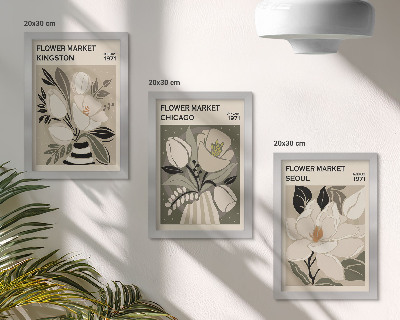 Composizione di 3 quadri Fiori provenienti dai mercati di Kingston, Chicago e Seoul in stile retrò
